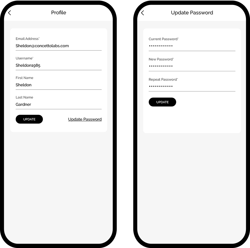 Profile & update password Screen